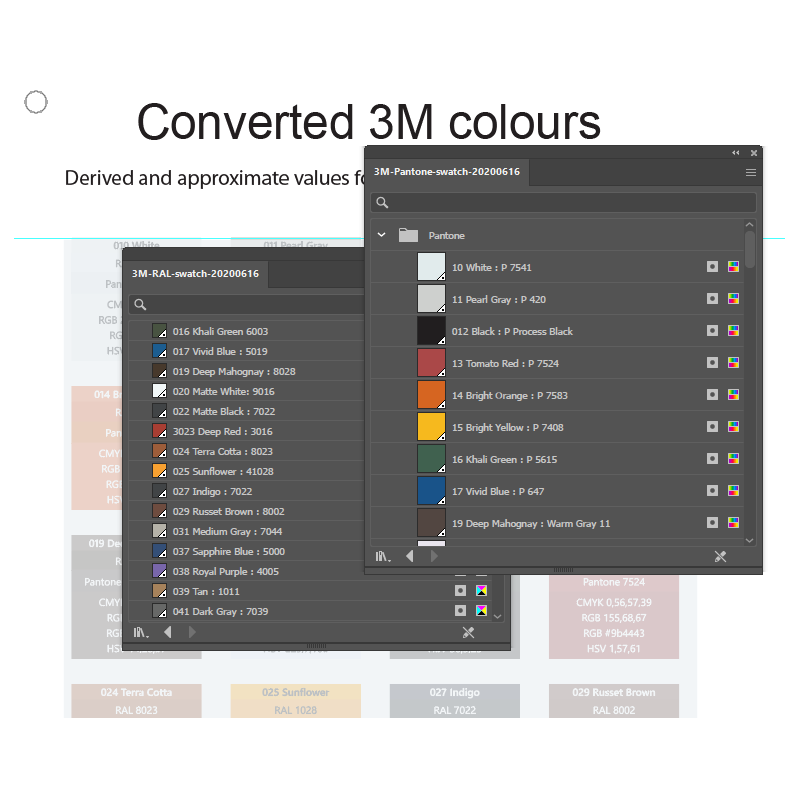 Illustrator with 3M Ral and Pantone swatches